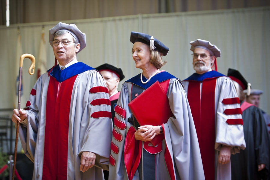 Chair of the MIT faculty Thomas A. Kochan, left, MIT President Susan Hockfield and Chancellor Eric Grimson talk at the ceremony.