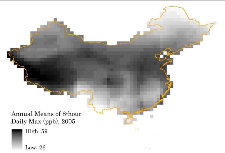 Ozone concentration levels in China (1x1 degree grid cell), 2005.