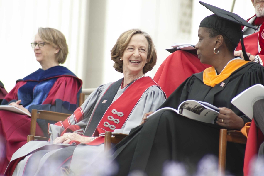 Ursula Burns, chairwoman and CEO of Xerox and this year's Commencement speaker, right, talks on stage with MIT President Susan Hockfield.