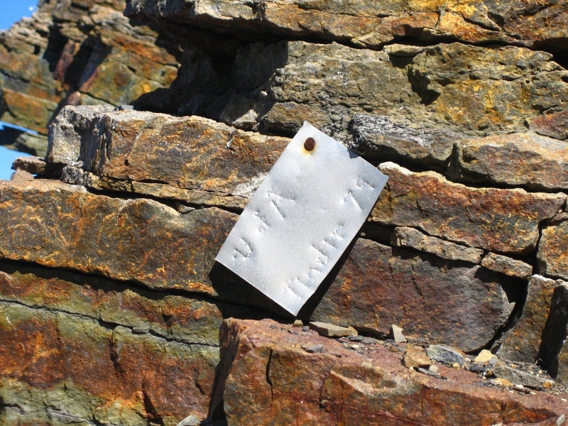 A metal tag hammered into a rock at the bottom of the section that contain the microfossils. The U of A refers to the University of Alaska; Tindir is the name of the nearby creek and the original name of the group of rocks the fossils were found in; 79 refers to the year 1979 when paleontologists first explored these rocks.