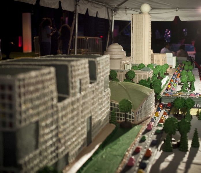 The 24-foot, 1,000-pound birthday cake for MIT's Toast to Tech celebration was a replica of MIT's campus, complete with its most famous landmarks.