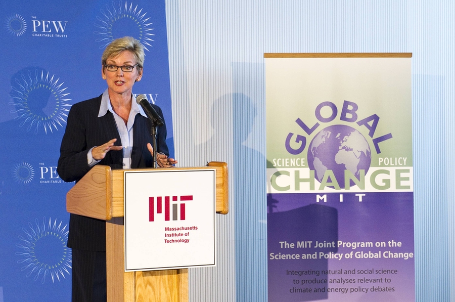 Former Michigan governor Jennifer Granholm delivers her talk during a clean-energy event at MIT on Tuesday.