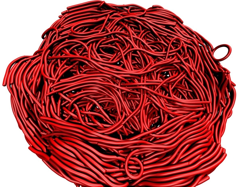 A close-up view of an amyloid plaque model, showing the entangled structure of amyloid fibrils that form a sticky plaque.