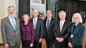 Left to right: Philip Giudice, undersecretary for energy, Massachusetts Executive Office of Energy and Environmental Affairs; MIT President Susan Hockfield; Tom May, president and CEO of NSTAR; David Maher, Cambridge mayor; David Schmittlein, dean of the MIT Sloan School of Management; and Theresa Stone, executive vice president and treasurer of MIT.