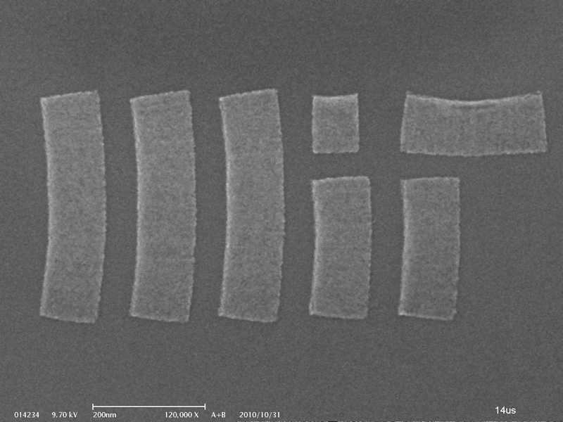 The RLE researchers can also control the collapse of nanoscale 'walls,' imprinting straight lines on a chip — or, as in this case, reproducing the MIT logo.