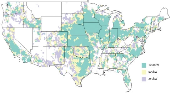 Readily available manure resources can contribute more than 11,000 MW of electricity generation potential. Each colored grid cell can support an anaerobic digester of a given capacity.