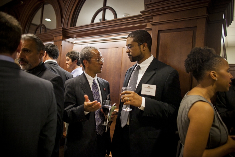 Dean for Undergraduate Education Daniel Hastings, left, talks with Cullen Buie, the Mitsui Career Development Assistant Professor in the Department of Mechanical Engineering and new associate housemaster of Maseeh Hall.