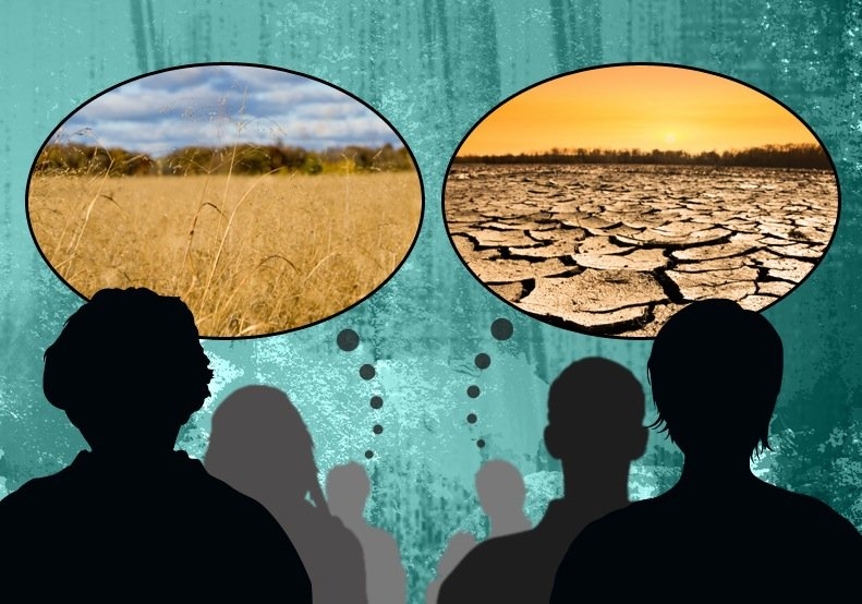 Silhouette people divided in two lines that point to either a haystack field or a dry place