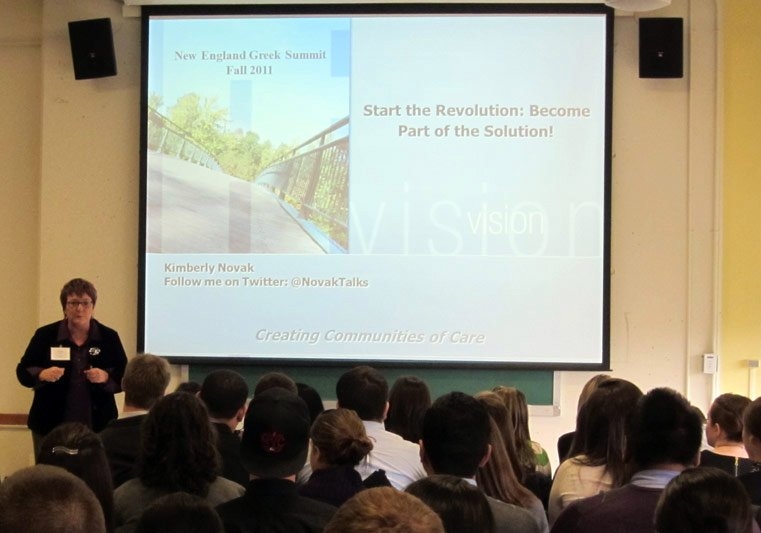 Risk management, hazing prevention and campus safety expert Kim Novak encourages students to create a 'community of care; during her recent visit to MIT.