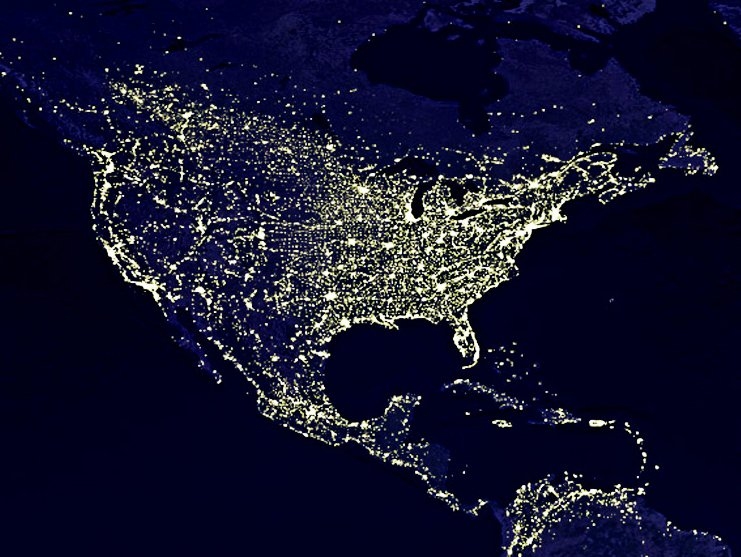 Satellite view of the United States and Mexico at night