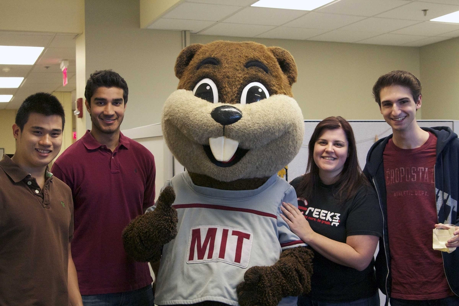Seniors Albert Kao and Nischay Kumar; Tim the Beaver; Catherine Sohor, assistant director of FSILGs; and Interfraternity Council President and Junior Tommy Anderson discussed Greek life at MIT.