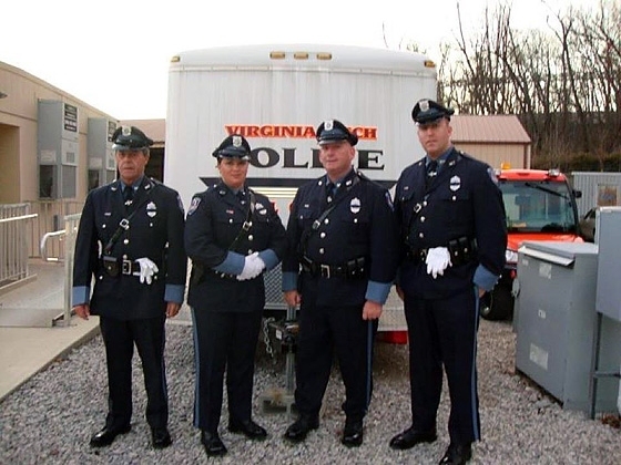 From left: Patrol Officer Bill Smith, Patrol Officer Katrina Thompson, Patrol Officer Kevin O'Connor and Patrol Officer David Smith attended the Dec. 12 services honoring fallen Virginia Tech campus police officer Deriek Crouse.