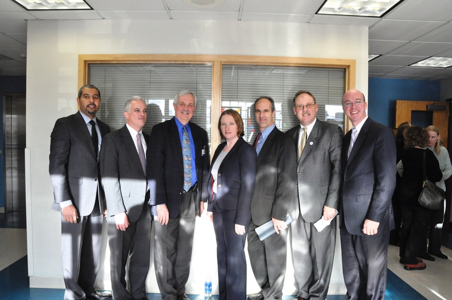 From left to right: Manny Lopes, deputy CEO East Boston Neighborhood Health Center; Jeffrey E. Seyler, president and CEO, American Lung Association, New England; Dr. Alan Woolf, director, Pediatric Environmental Health Center, Children's Hospital, Boston; Noelle Eckley Selin, assistant professor, Engineering Systems Division and Department of Earth, Atmospheric and Planetary Sciences at MIT; Kenne...