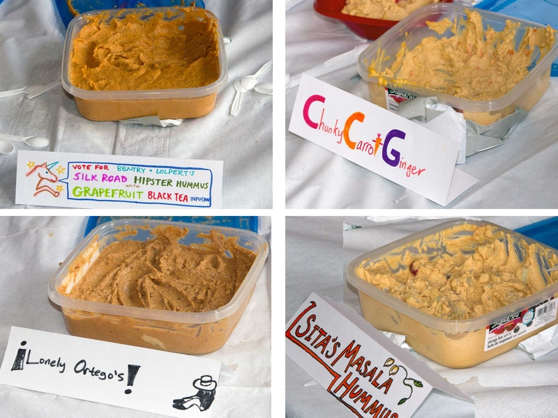 Five teams submitted hummus for the tasters to judge: “Messrs Bentry and Lolpert’s Silk Road Hipster Hummus with Grapefruit Black Tea Infusion,” “Chunky Carrot Ginger,” “Lonely Ortego’s,” “Sita’s Masala Hummus,” and “South of the Border Hummus” (not pictured).