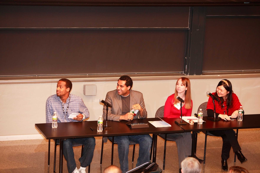 MIT students Eric Boyer, Alex Evans, Laura Lopez, and Sophie Ni shared experiences of race and gender perceptions in a panel discussion.