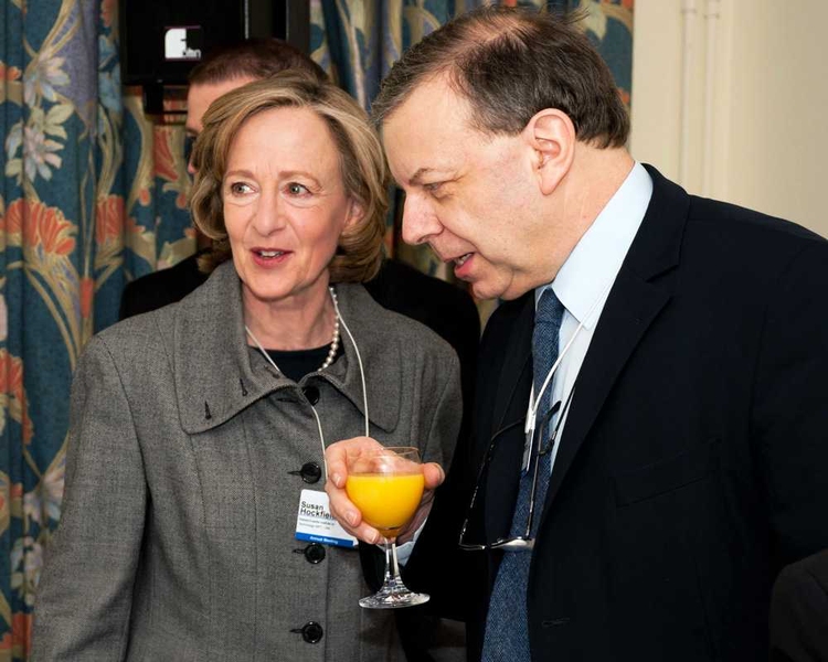 MIT hosted a breakfast discussion about neuroscience during the Annual meeting of the World Economic Forum in Davos. Here, MIT President Susan Hockfield speaks with Philip Campbell, Editor in Chief of <i>Nature</i>, at the breakfast.