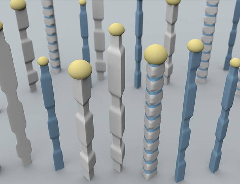 Nanowires fabricated using the new techniques developed by Silvija Gradečak and her team can have varying widths, profiles and composition along their lengths, as illustrated here, where different colors are used to indicate compositional variations.