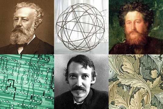Top: Jules Verne, William Morris; bottom: Robert Louis Stevenson