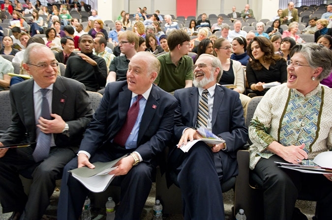 Rafael Reif (Provost), Chris Colombo (Dean for Student Life), Eric Grimson (Chancellor), and Judy Cole (Executive VP & CEO of Alumni Association) share some laughs before the start of the ceremony.