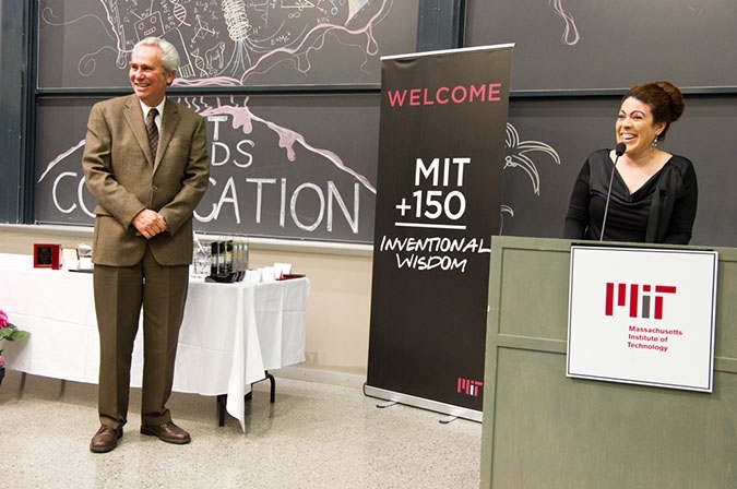 Professor Christine Ortiz (Dean for Graduate Education) presents the 2012 Graduate Student Council Teaching Award to Frederick P Salvucci (Senior Lecturer in the Center for Transportation and Logistics).