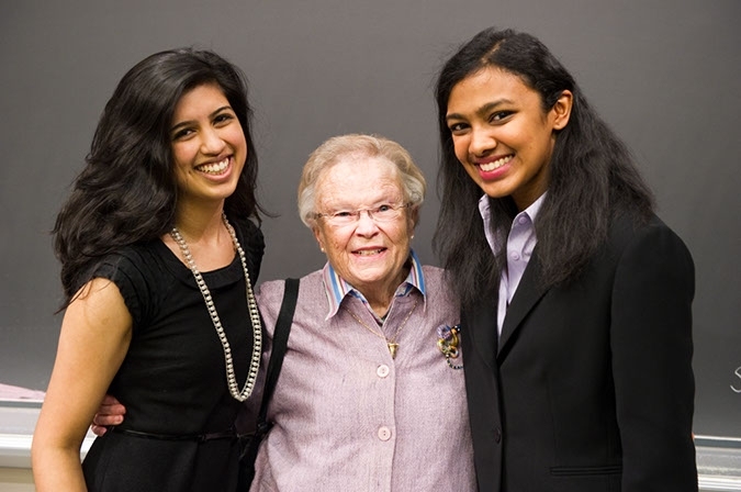 Priscilla King Gray (center) with  Sumi Sinha'12 (left) and Sivakami Sambasivam ’11 (right), winners of the Priscilla King Gray Award for Public Service.