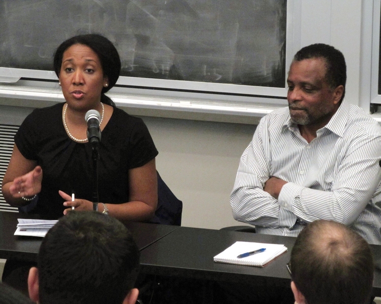 Andra Gillespie, a political scientist at Emory University and an MLK visiting associate professor at MIT for the 2011-2012, and J. Phillip Thompson, an associate professor in MIT’s Department of Urban Studies and Planning, at a panel discussion on Thursday on 'The Future of Black Politics.'