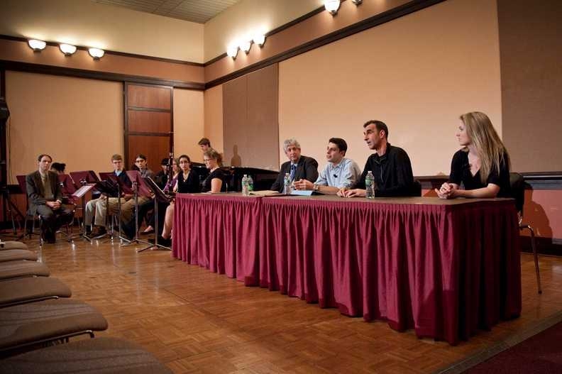 Frederick Harris, Jr., music director of the MIT Wind Ensemble; members of the MIT Wind Ensemble; Associate Provost and Ford International Professor of History Philip S. Khoury; Obaidah Abuhashem ‘12, president of the MIT Arab Students’ Organization; visiting artist Jamshied Sharifi; Emily Jackson ’12, president of the MIT Wind Ensemble