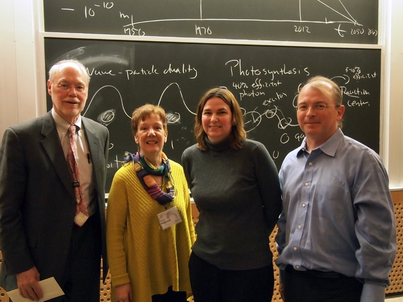 From left to right, Institute Professor Philip Sharp; Marcia Bartusiak, Professor of the Practice and executive director of the Graduate Program in Science Writing); Angela Belcher, the W.M. Keck Professor of Energy in MIT’s Department of Materials Science; and Seth Lloyd, a professor of mechanical engineering and of engineering systems.