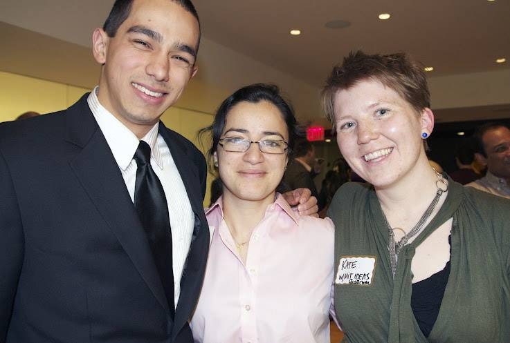 Kate Mytty, right, facilitates the IDEAS Global Challenge. She poses here with 2011 competition participant and MIT graduate student Greg Tao, left, and D-Lab Project Director Saida Benhayoune, center.