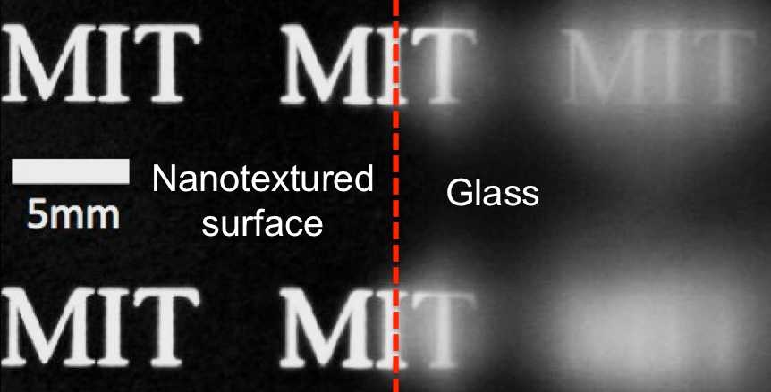 A piece of glass that has one half with a normal flat surface, and the other with the new patterned surface, demonstrates the anti-fogging properties that the patterning provides.