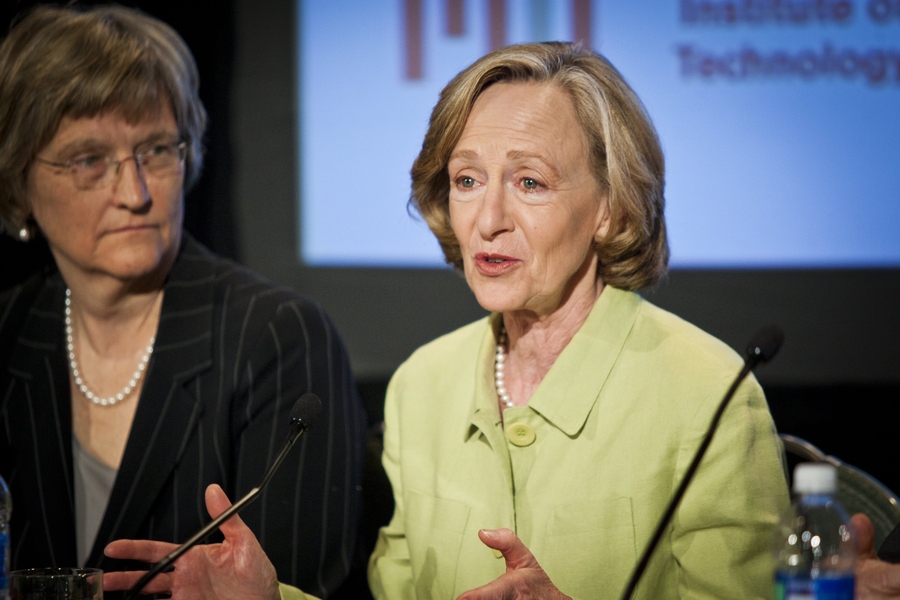 MIT President Susan Hockfield answers a journalist's question at Wednesday morning's press conference as Harvard President Drew Faust (left) listens.