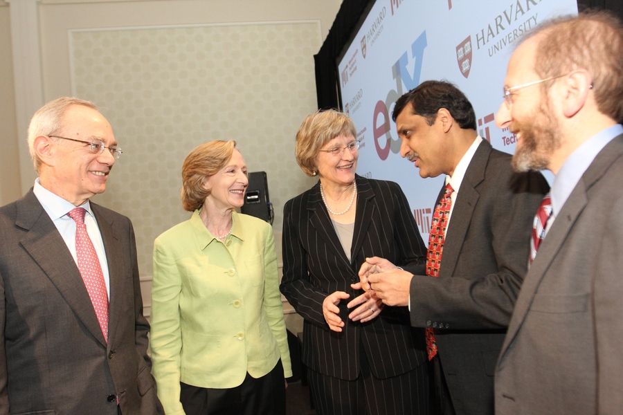 (From left) MIT Provost L. Rafael Reif, MIT President Susan Hockfield, Harvard President Drew Faust, edX President Anant Agarwal and Harvard Provost Alan Garber.