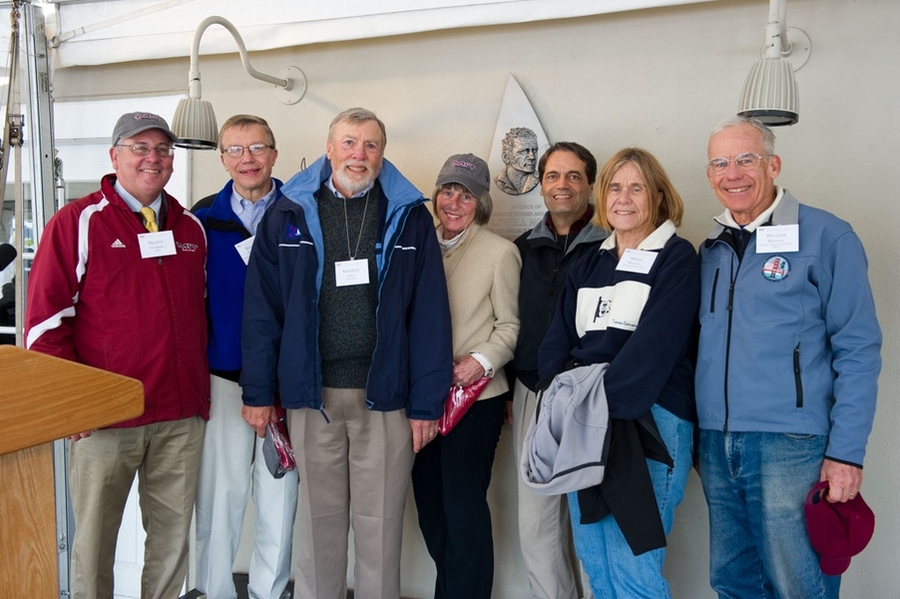 MIT Sailing Master Fran Charles, with leadership dock donors Tom Greytak, Ken Legg, Ardelle Legg, Steve Cucchiaro, Sheila Widnall, and Bill Widnall. 