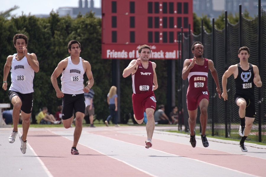CPW was a whirlwind of activity around the Zesiger Center. Along with CPW, MIT was hosting a regional track meet, and lacrosse, rubgy and tennis games. Here, Daniel &#39;DJ&#39; Ronde &#39;13 races in the 200-meter dash. MIT&#39;s athletic program is ranked among the top in the nation in Division III.