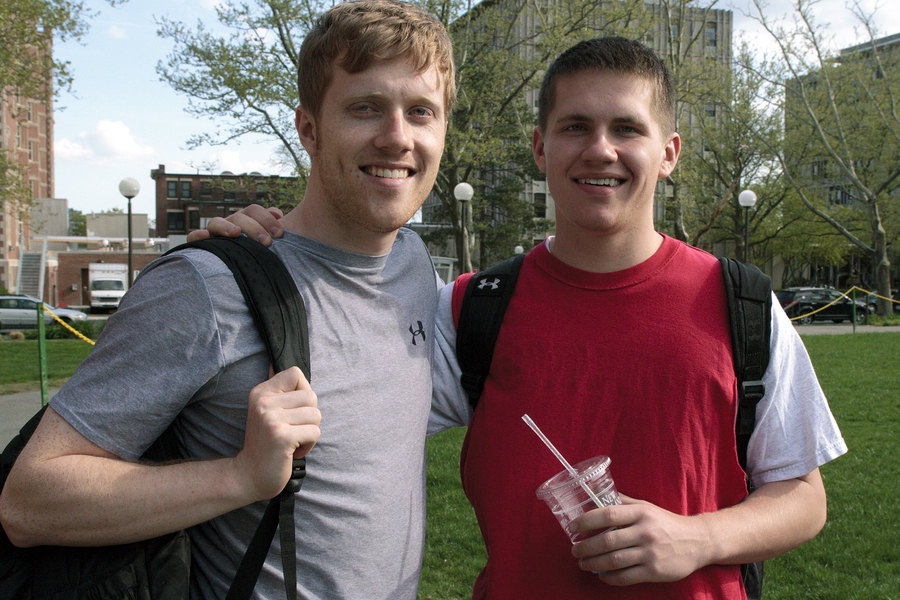 Dan McCue &#39;11 (left), a graduating senior and member of the champion MIT Men&#39;s Basketball team, shows around his younger brother, Christian McCue, &#39;16 (right), who will be attending MIT as a freshman and playing for the squad starting in September.