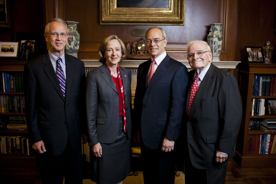 Reif poses for a photo with, from left, MIT's 15th president, Charles Vest; 16th president, Susan Hockfield; and 14th president, Paul Gray, far right.