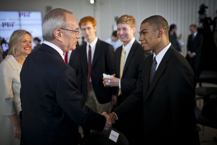 Reif talks to MIT community members and journalists gathered at the press conference.