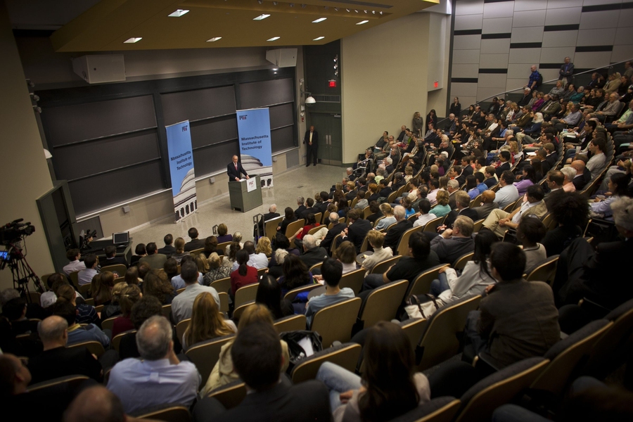Reif delivers remarks at an event for the MIT community held in the afternoon in Room 10-250.
