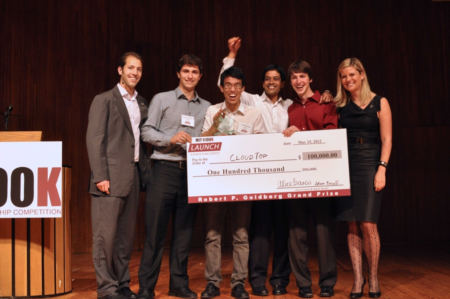 CloudTop team members receive celebrate after winning the grand prize in MIT's $100K Business Plan Competition.