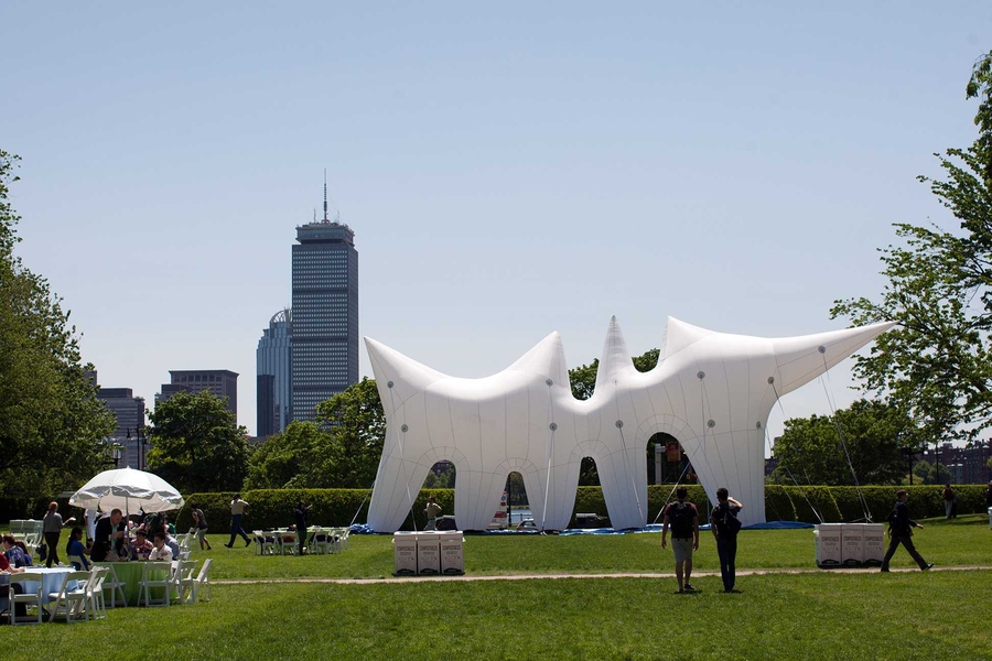 At the end of Killian Court sat a large inflatable 'MIT,' artwork originally made by Nader Tehrani and Gediminas Urbonas for MIT's Festival of Arts, Science and Technology as part of the MIT 150th celebration.