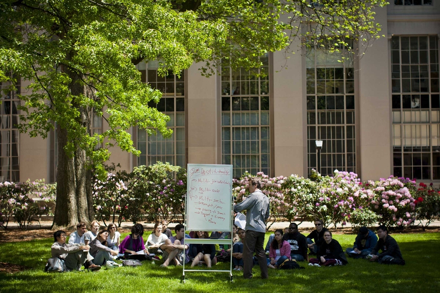 A class holds its final meeting of the year outside as part of Hockfield Day.