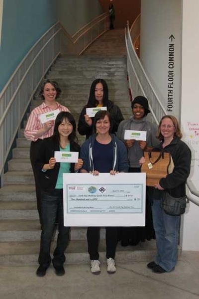 The winners of the 2012 MIT Earth Day Challenge celebrate with their newly awarded green prizes. Pictured from left to right, back row: Michelle Miller, Weiija Zhang and Gracie Dorneus; front row: Irene Hu, Jennifer Apell and Niamh Kelly.