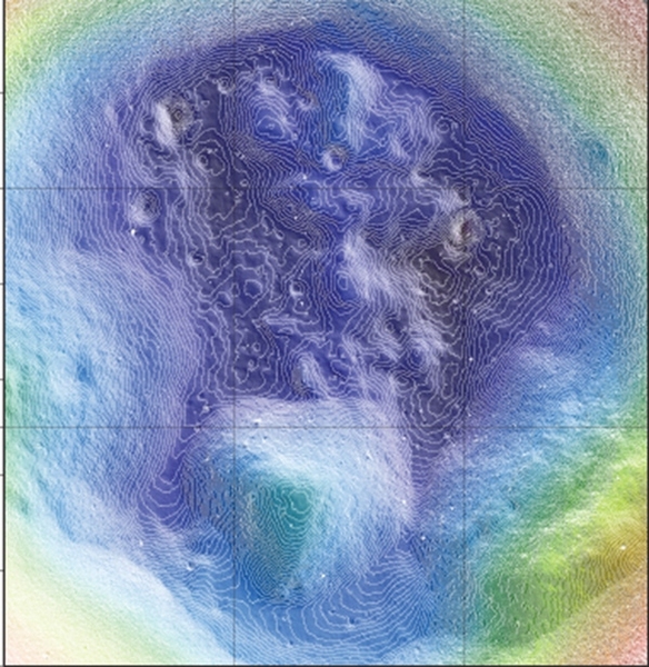 High-resolution map showing the topography in the interior of Shackleton crater as observed by the Lunar Orbiter Laser Altimeter.  Contours of elevation are plotted every 5 meters (16.5 feet). Colors show relative elevation with purple lowest and yellow highest. The crater is 4.1 kilometers (2.6 miles) deep. The spatial resolution of the topography is 10 meters and the radial accuracy is <1 meter.