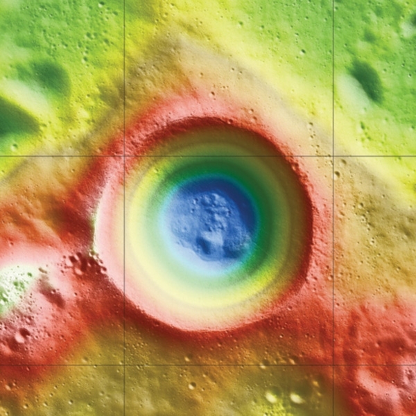 Topography of Shackleton crater at the lunar south pole from the Lunar Orbiter Laser Altimeter.  Shackleton is 21 kilometers (12.5 miles) in diameter and 4.1 kilometers (2.6 miles) deep. Over 5.6 million measurements of elevation are included in the model. The spatial resolution of the topography is 10 meters (33 feet) and the radial accuracy is <1 m (3 feet).