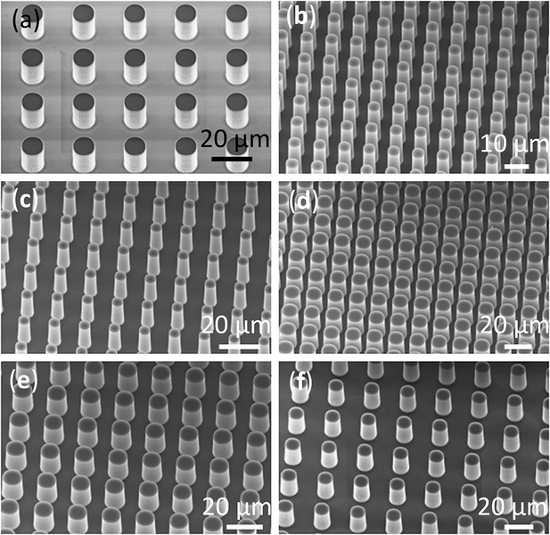 Scanning electron micrographs (SEMs) of the silicon microstructured surfaces for the boiling experiments. The dimensions of the micropillars are well-defined to allow systematic studies of surface roughness effects on critical heat flux (CHF).
