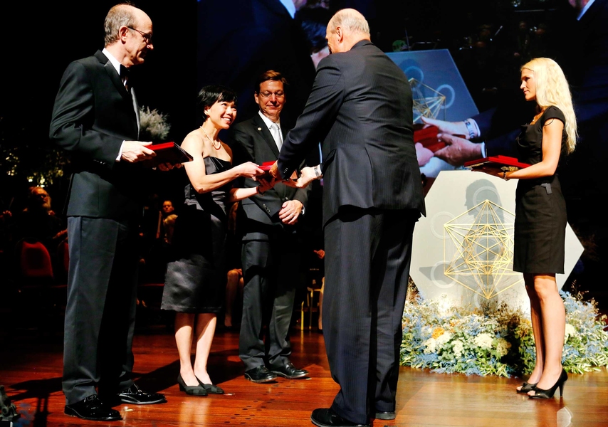 On Sept. 4, King Harald of Norway presented awards to the winners of the Kavli Prize in astrophysics, from left, David Jewitt, MIT Lincoln Laboratory's Jane Luu and Michael Edwards Brown.