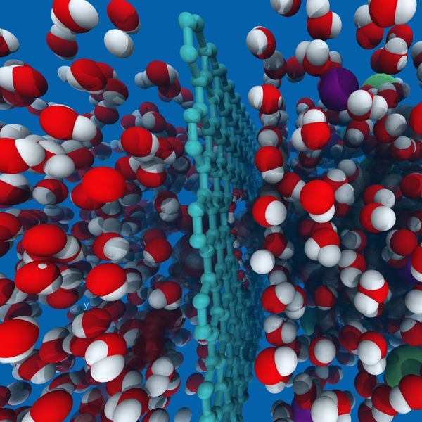 Illustration of a sheet of graphene with a bunch of other molecules floating on either side
