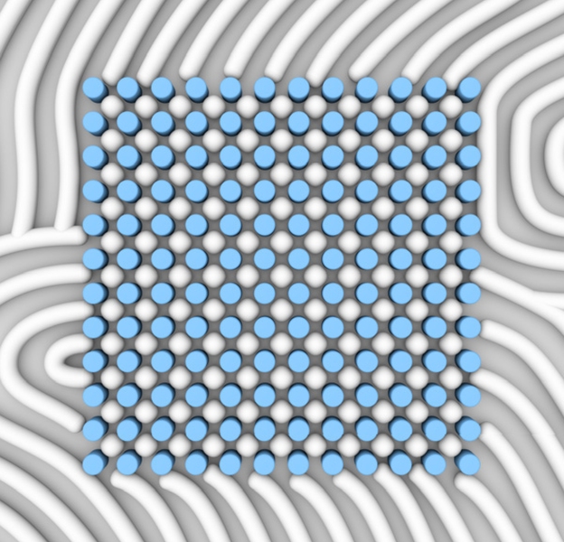 An artist's representation of the structures produced by this self-assembly method shows a top-down view, with the posts produced by electron-beam lithography shown in blue, and the resulting self-assembled shapes shown in white.