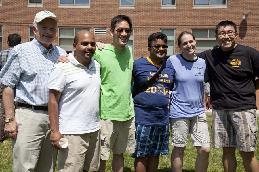 Housemaster Roger Mark poses with five former Sidney-Pacific presidents: Sham Sokka (2002-2003), Tim Chan (2004-2005), Sriram Krishnan (2003-2004), Amy Bilton (2010-2011), and George Lan (2011-2012).