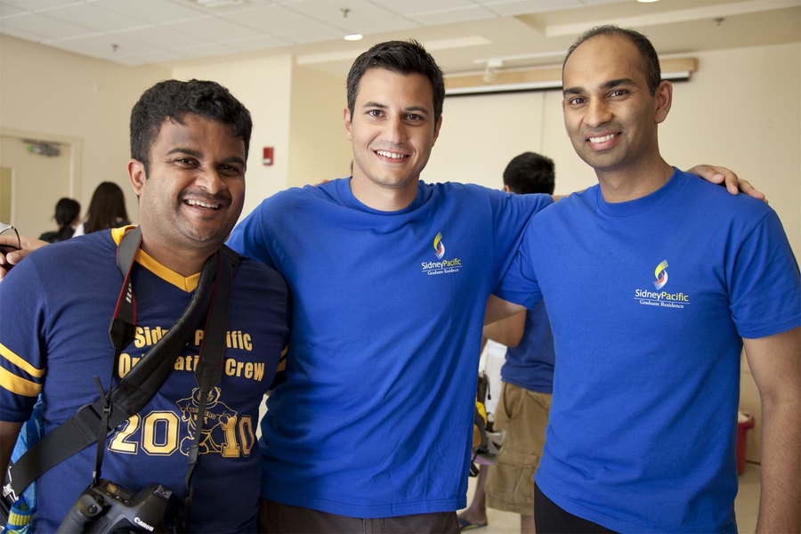 Sidney-Pacific alumni reunite at 10th Anniversary Brunch and Carnival.  (L-R: Sriram Krishnan PhD '07, Aristeidis Karalis PhD '08, Manish Jethwa PhD '04).